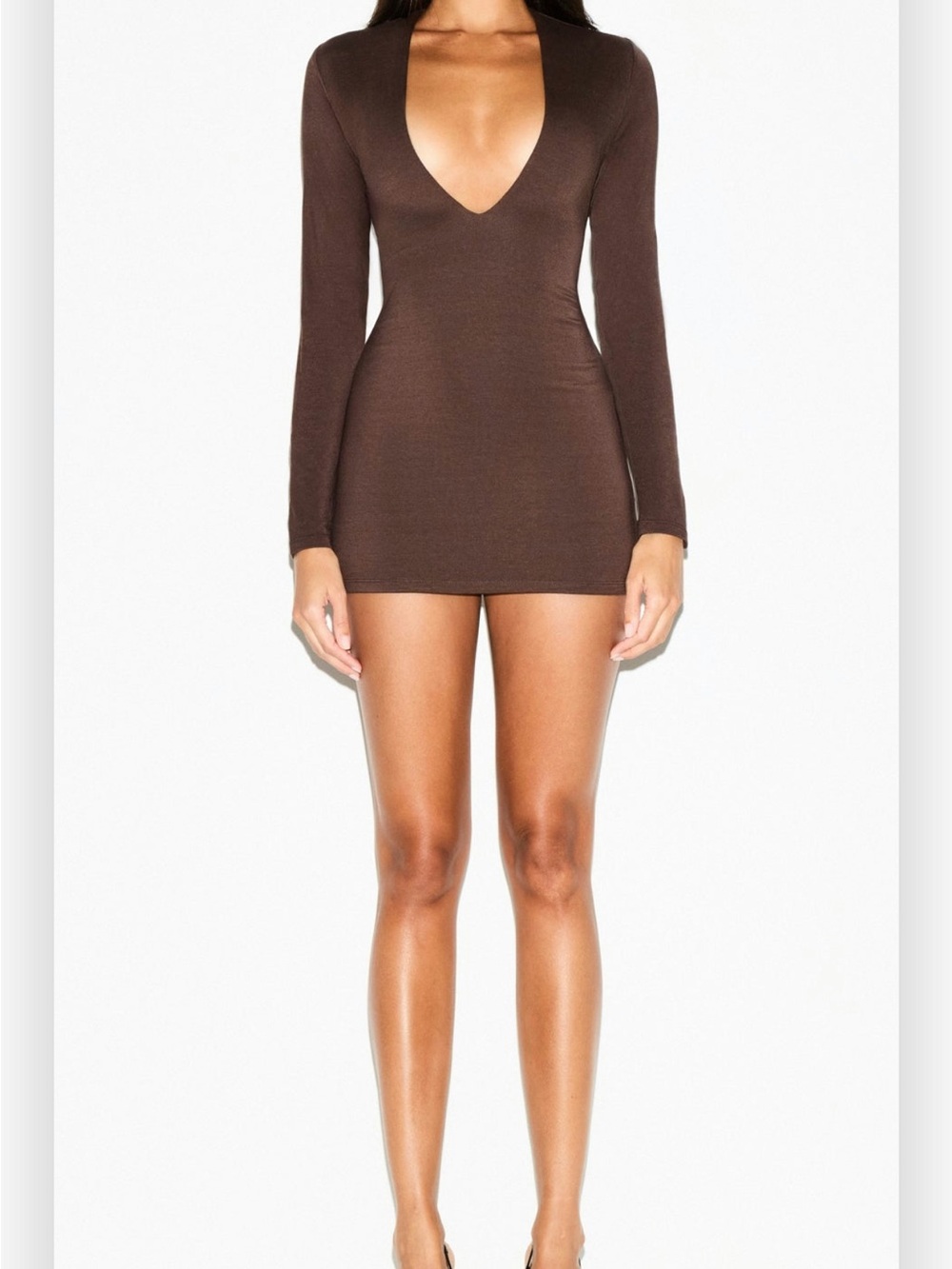 Deep V-Neck Long Sleeve Brown Bodycon Mini Dress